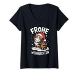 Womens Merry Christmas British Long Hair Cat Frohe Weihnachten V-Neck T-Shirt