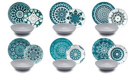 Excelsa Mandala Service Assiettes 18 Pièces, Porcelaine, Bleu/Gris