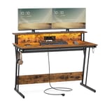 VASAGLE Bureau Gaming avec LED et Multiprise, Table Gamer, Bureau Informatique avec Rehausseur d’Écran, pour 2 Ordinateurs, pour Chambre, 60 x 120 x 76 cm, Marron Rustique LWD192K01