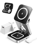 AGPTEK 3 in 1 Wireless Charging Station, Mag -Safe Magnetic Foldable Wireless Charger, Travel Charger for iPhone 16 15 14 13 12 Pro Max/Mini, for Apple Watch 2-9/Airpod, with Carrying Case 18W Adapter