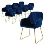 Lot de 8 chaises de salle à manger bleu, en velours pieds dorés en métal