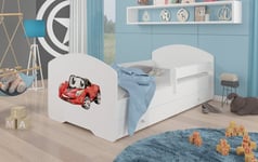 ADRK Furniture Pepe Barrier Red Car -lastensänky, 140 x 70 cm, valkoinen + patja + vuodevaatelaatikko