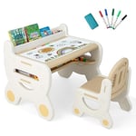 GOPLUS Ensemble Table et Chaise pour Enfants avec Plateau Effaçable, Stylos Aquarelle et Gomme, Ensemble de Table d'Activités pour Dessiner, Lire, Jouer, Manger, pour Tout-Petits (Marron)