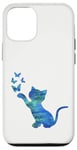 Coque pour iPhone 13 Pro Chat violet bleu cyan et papillon sur fond blanc