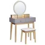 Coiffeuse avec Tabouret et Miroir en Bois et MDF Polyester Gris et Doré Fedry