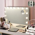 RELAX4LIFE Miroir Maquillage Hollywood avec 15 Ampoules LED, Miroir Coiffeuse Lumineux 58X46 CM avec Miroir Grossissant 10x & Interrupteur Tactile, Port USB, Bluetooth