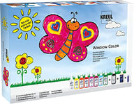 KREUL 42752 - Window Color Set de peinture pour fenêtres avec 8 bouteilles de peinture pour fenêtres (80 ml), 1 bouteille de peinture pour contours (80 ml) (noir) et bien plus encore, Multicolore, 8 x 80 ml