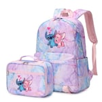 2 st Disney Lilo Stitch Multi Pocket Ryggsäck med Lunch Bag Ryggsäck Casual Skolväska för Kvinnor Student Tonåringar Set 031