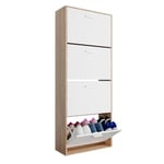 CASABEL Meuble de Rangement a Chaussure 24 Paires - Armoire Etagere Grande Capacité pour Entree, Couloir - L60xP24xH150 cm - Portes Blanches Cadre Bois Clair