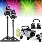 Pack Lumière 2 Lyres 2-en-1 Ibiza Light LED MH-ASTRO-WASH - Machine Fumée 900W - 2 Supports Lumières Soirée - Soirée DJ Mariage