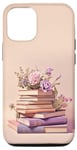 Coque pour iPhone 14 Pro Livres rose violet pastel et fleur sur fond beige