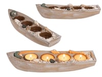 Bateau en Bois pour 4 Bougies Chauffe-Plat, avec décoration en Coquillages et Pierres, Environ 28,5 x 7,5 x 6 cm, Beige