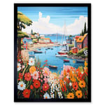 Idyllic Scenic Seaside Fishing Village Bright Oil Painting Orange Pink Blue Bathroom Floral Artwork Harbor Bay Boats Coastal Landscape Art Print Frame