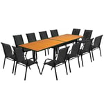 Salon De Jardin Poly Extensible Table 135-270 Cm Et 12 Chaises Bois Et Noir