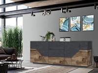 Dmora - Buffet Sebastian, Buffet de Cuisine avec 4 Portes et 3 tiroirs, Buffet de Salon, 100% Made in Italy, 220x43h86 cm, Ardoise et Érable