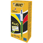 BIC 4 Couleurs Fluo Stylos-Bille Rétractables - Encres Noire, Bleue, Rouge et Jaune Fluo, Boîte de 12