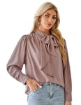 GRACE KARIN Chemisier à manches longues en mousseline de soie pour femme - Col montant - Chemise à volants - Pull on chemisier décontracté - Pour le travail et le bureau, Vieux rose., XL