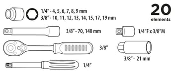 Hylsnyckelsats 1/4", 3/8", 20 st.