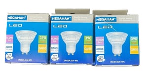 3 PACK OF MEGMAN LED GU10 BULBS COOL WHITE 4.5W = 50W 390 LUMEN 15000 HOURS NEW