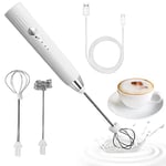 Mousseur à Lait Électrique，Mousseur de Lait Rechargeable USB et Mini Fouet Electrique avec Dual Fouet Tête, Mélangeur Acier Inoxydable pour Café, Café au Lait, Cappuccino(Blanc)