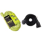 Masterplug Rallonge électrique 25m, Câble IP44 pour Jardín, Prolongateur Chantier 16A at 3000w, Câble Vert 2G1,5mm² & Prolongateur 16A 2P+T HO5VV-F 3G1,5mm² Noir 5m