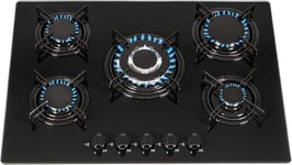 SIA GHG713BL 70cm Black Glass 5 Burner Gas Hob With Enamel Stands & Wok Burner