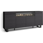 Buffet salon et cuisine, Meuble de Rangement, Commode, 200x87x35cm, 4 Portes, Cheminée électrique, Design industriel, Style moderne, Noir - Skraut