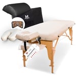 MASSUNDA Comfort Deluxe - Table de Massage Pliante et réglable en Hauteur, Table de Massage Pliable en Bois Massif, Repose-Bras, Coussin de Soutien de Nuque, têtière Ergonomique (Beige)