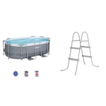 BESTWAY Piscine Hors Sol Ovale Power Steel™ 305 x 200 x 84 cm avec Filtre à Cartouche & Échelle de Piscine Flowclear 84 cm, Grise