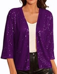 GRACE KARIN Gilet Court Bolero Femme Elegant à Sequins Manche 3/4 pour Robe de Soiree Cocktail Violette à Paillettes M