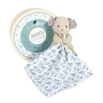 DOUDOU ET COMPAGNIE - Doudou Peluche Chien avec Mouchoir - En Coton Bio Bleu -15 cm - Collection Doudou Botanic Bio - Avec Boite Cadeau Ronde - Idée Cadeau Naissance- Garantie Doudou Perdu - DC3963