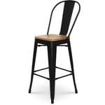 KOSMI - Tabouret de bar en métal noir mat style industriel avec dossier haut et assise en bois clair - Hauteur 66cm