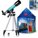 Bresser Télescope lenticulaire Junior 50/360 pour Enfants - Kit d'astronomie pour débutant avec Tente, réfracteur, trépied, Montage azimutal, oculaires et Miroir zénith - Bleu