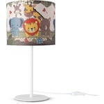 Paco Home - Lampe Poser Chambre Enfant Chevet Abat-Jour Tissu Applique Ronde Animaux Lampe de table - Blanc, Design 1 (Ø18 cm)