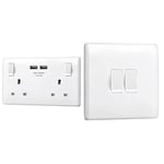 BG Electrical 8223u Double Switched 13 A Fast Charging Power Socket with Two USB Charging Ports, 3.1 A, 5 V, 15.5 W, Round Edge, White & 842-01 Double Light Switch, White Moulded, 2-Way, 16AX