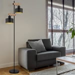 Lampadaire, réglable en hauteur, lampe de salon, aspect bois, lampadaire, or noir, métal MDF, 2x E27, LxH 44x168 cm