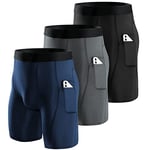 Niksa Lot de 3 Shorts de Compression pour Hommes Short de Compression à Séchage Rapide et Respirant Short de Course Basique pour Le Cyclisme, Noir+Gris+Bleu Marine, Taille L