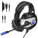 Casque de Jeu Casque de Jeu Basses Profondes USB 3.5mm Stéréo Filaire Casque avec Micro pour PS4 Xbox PC Téléphone Ordinateur Portable,Noir