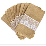 Lot de 20 Porte Couvert Sac Toile Jute Dent Pochette de Vaiss Fourchette Jute Vintage Décoration Table Fournitures de Mariage Fête Noël Baptême Nœud