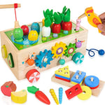 JUSTWOOD 8-in-1 Ensemble de Jouets en Bois, Jouets éducatifs Montessori Jouets de tri & d'empilage Jeu de Forme Jeu de pêche Pivert Attraper Les vers Labyrinthe, Cadeau pour Enfants de 1 2 3 4