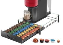 Porte-dosettes pour 50 capsules Nespresso Vertuo et 50 Dolce Gusto avec plateau en verre trempé, Tiroir organiseur multi-capsules pour Original, Lavazza Mio, Pratique et élégant (Noir)