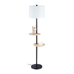 relaxdays Lampe sur pied avec tables, HxLxP 159 x 45 x 38 cm, 2 tablettes, abat-jour tissu, E27, métal, bois, noir/blanc