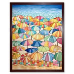 Summer At The Seaside With Colourful Beach Umbrellas On The Sand Watercolour Painting Art Print Framed Poster Wall Decor 12x16 inch