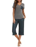 iClosam Pyjama Femme Été en Coton Pyjama Femme Court à Carreaux Pyjama Femme avec T-Shirt Manche Courte et Pantalon Capri Ensemble de Pyjama Femme 2 Pièces S-XXL