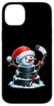 iPhone 14 Plus Cartoon Ice Hockey Puck Snowman with Santa Hat Christmas Case