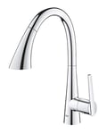 GROHE Zedra – Pull Out Kitchen Sink Mixer Tap (High C-spout, 3 Spray Types, 35 mm Ceramic Cartridge, 360° Swivel Range, Magnetic Docking, Water Saving Technology), Size 401 mm, Chrome, 32294002