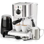 7 Pc All-in-One Espresso & Cappuccino Maker Machine Barista Bundle Set w/Built-in Steam Wand (Inc: Coffee Bean Grinder, Portafilter, Frothing Cup, Spoon w/Tamper & 2 Cups) (White)