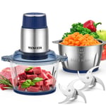 TENKER Food Processor with 2 Bowls (2L+2L), Electric Food Chopper with 2 Sets of Bi-Level Blades, Meat Grinder for Meat, Vegetables, Fruits and Nuts, BPA Free, Safety for Baby Food