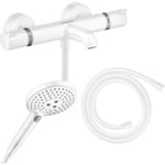 Pack mitigeur bain douche thermostatique Hansgrohe Ecostat Comfort + Flexible Isiflex + Pommeau Raindance Select 3jets blanc mat