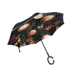 hengpai Protea Night Yellow Flowers Butterfly Garden Reverse Inverted Inside Out Umbrella Cars Unigue Windproof UV Proof Double Layer for Women